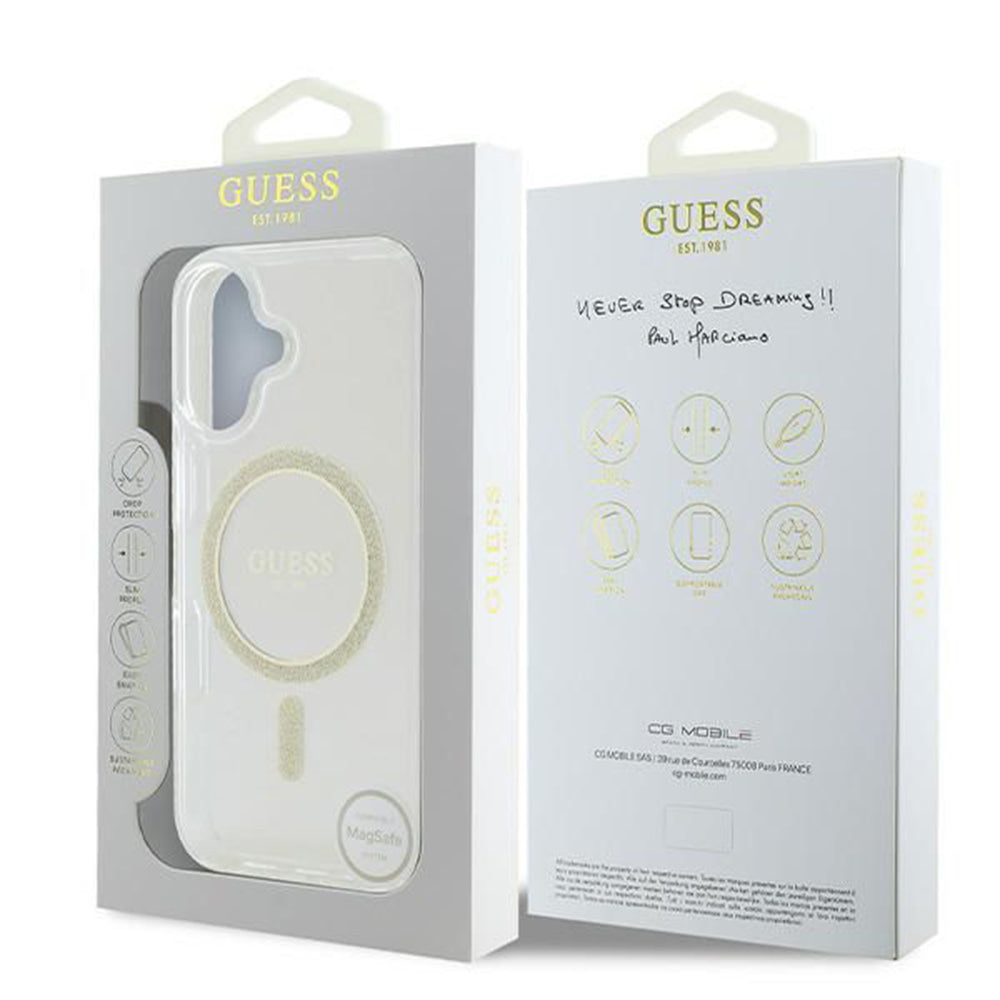 MagSafe-deksel for Apple iPhone 16, Guess, IML Glitter Circle, Gjennomsiktig