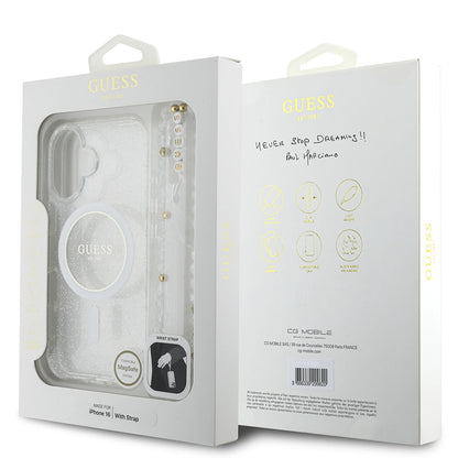 MagSafe-deksel for Apple iPhone 16, Guess, IML Glitter med perlebånd, Gjennomsiktig