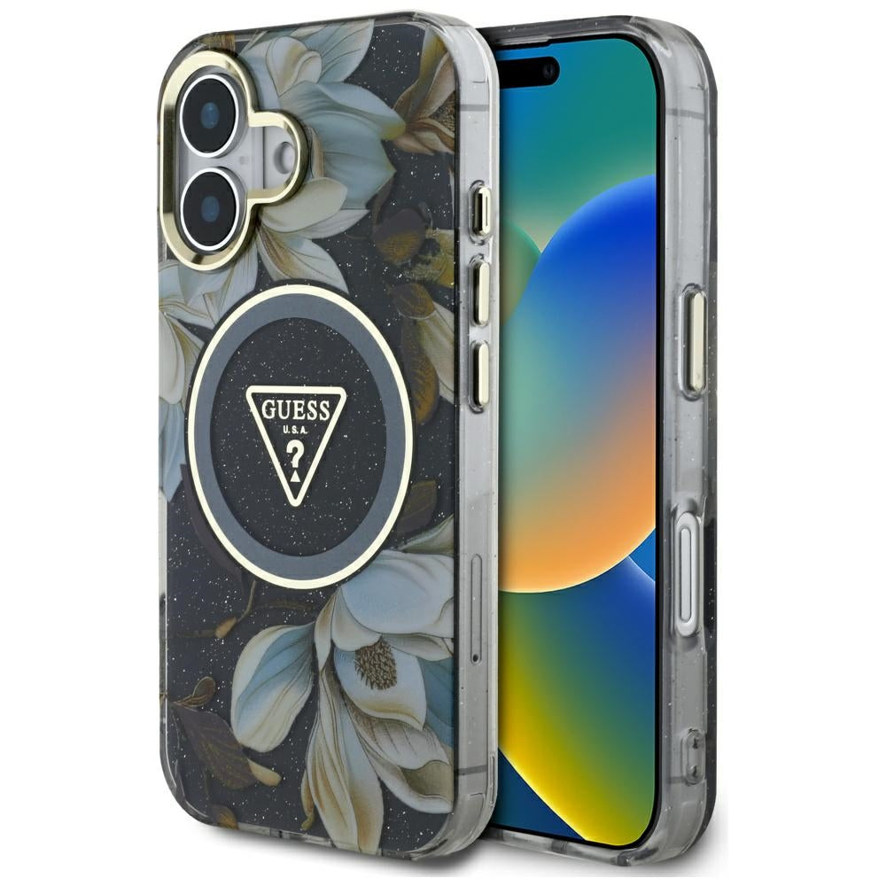 MagSafe-deksel for Apple iPhone 16, Guess, IML Metal Glitter Flowers Triangle, Svart