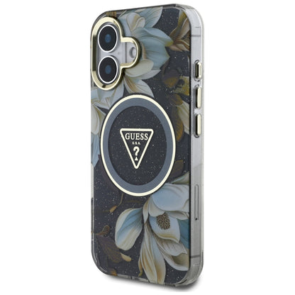MagSafe-deksel for Apple iPhone 16, Guess, IML Metal Glitter Flowers Triangle, Svart