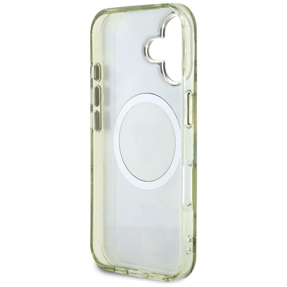 MagSafe-deksel for Apple iPhone 16, Guess, IML Metal Glitter Flowers Triangle, Grønn