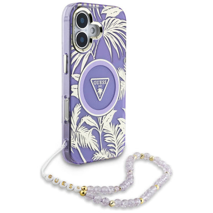 MagSafe deksel for Apple iPhone 16, Guess, IML Palm Trees Triangle with Pearl Strap, Lilla