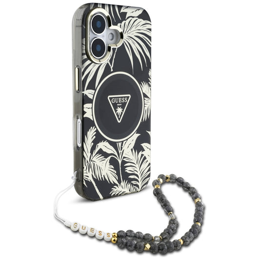 MagSafe deksel for Apple iPhone 16, Guess, IML Palm Trees Triangle with Pearl Strap, Svart