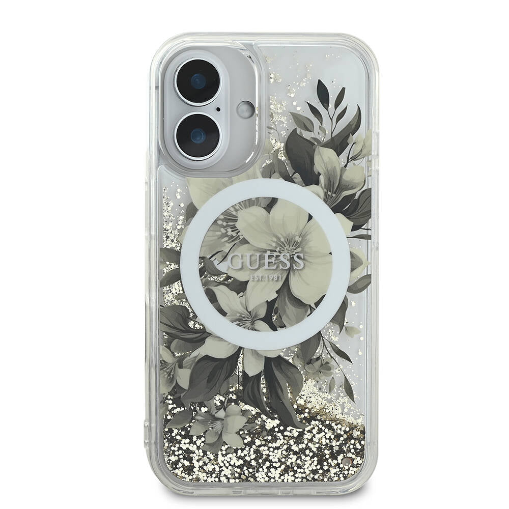 MagSafe-deksel for Apple iPhone 16, Guess, Liquid Glitter Flower, Beige