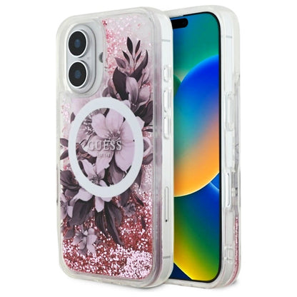 MagSafe deksel for Apple iPhone 16, Guess, Liquid Glitter Flower, Rosa