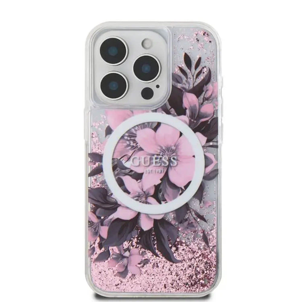 MagSafe deksel for Apple iPhone 16, Guess, Liquid Glitter Flower, Rosa