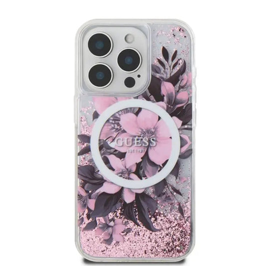 MagSafe deksel for Apple iPhone 16, Guess, Liquid Glitter Flower, Rosa