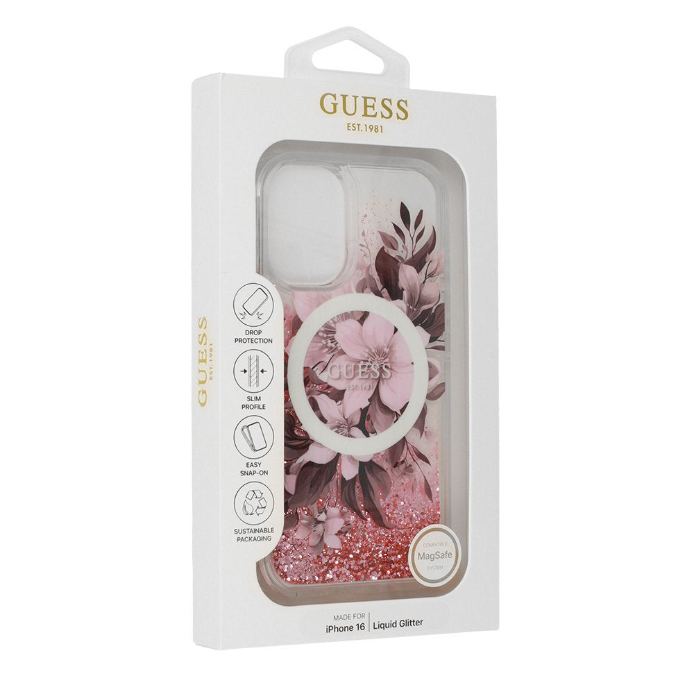MagSafe deksel for Apple iPhone 16, Guess, Liquid Glitter Flower, Rosa
