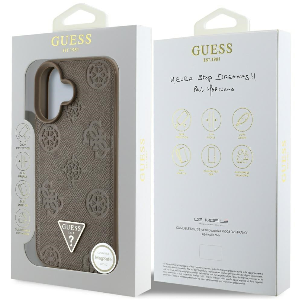 MagSafe-deksel for Apple iPhone 16, Guess, Peony Grained Hot Stamp Triangle, Brun
