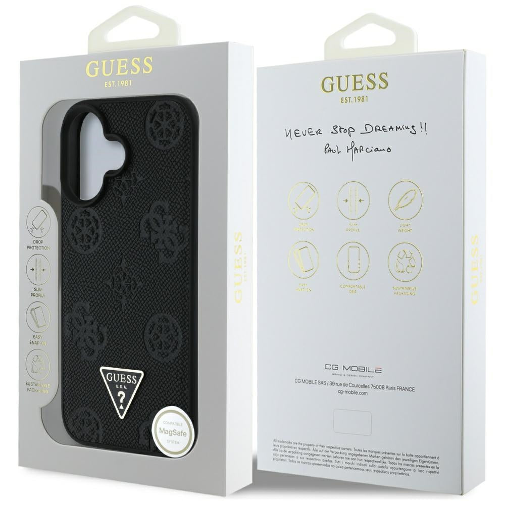 MagSafe-deksel for Apple iPhone 16, Guess, Peony Grained Hot Stamp Triangle, Svart