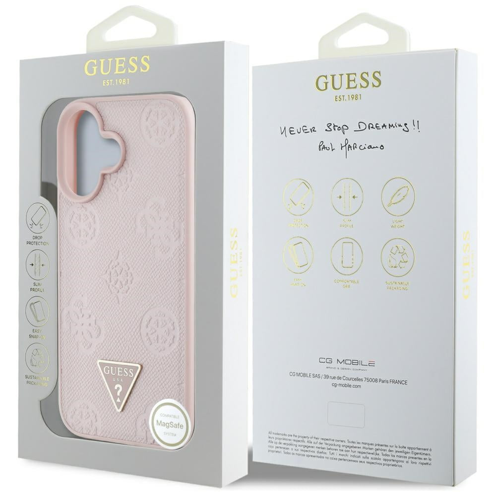 MagSafe-deksel for Apple iPhone 16, Guess, Peony Grained Hot Stamp Triangle, Rosa