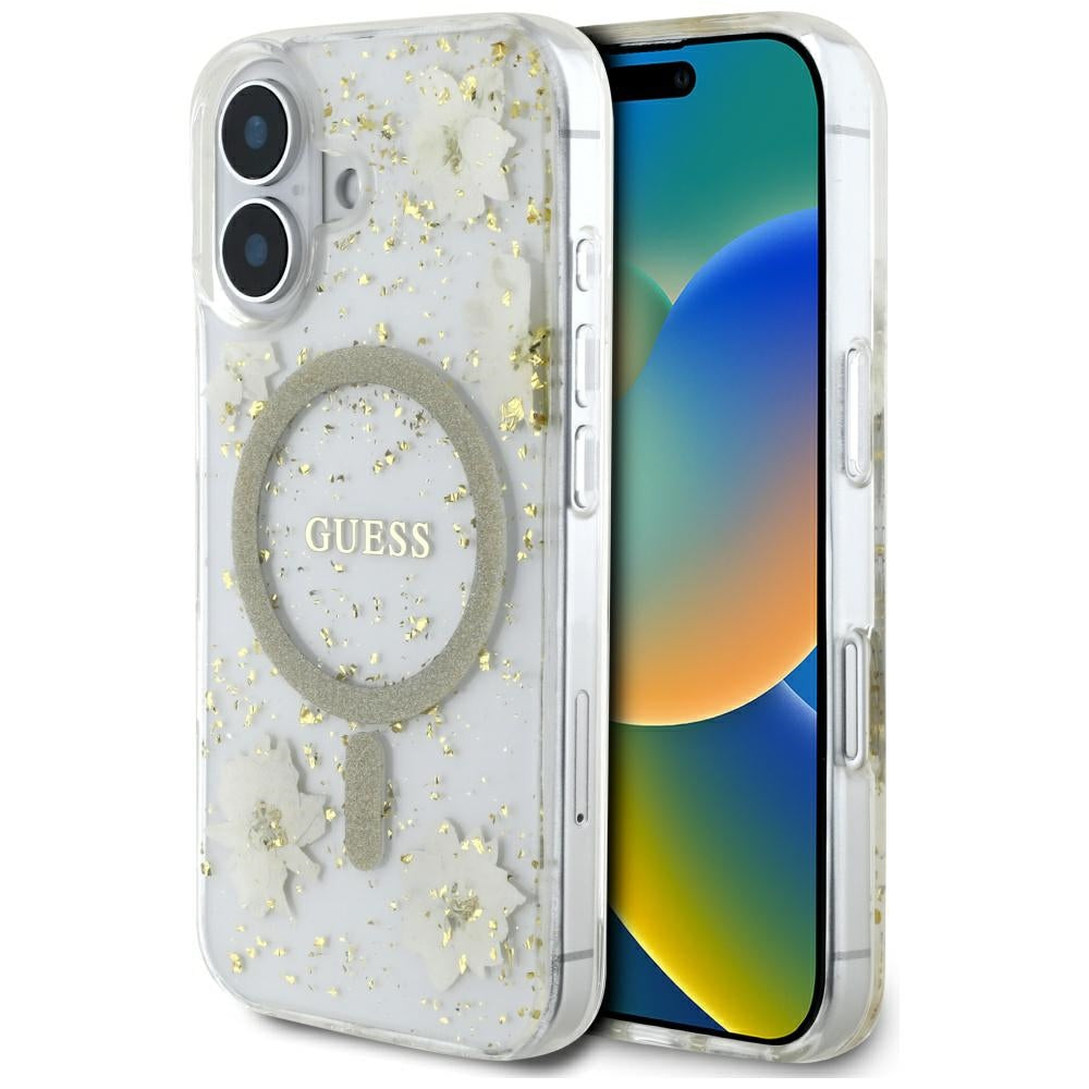 MagSafe-deksel for Apple iPhone 16, Guess, Resin Flowers and Glitter, Beige