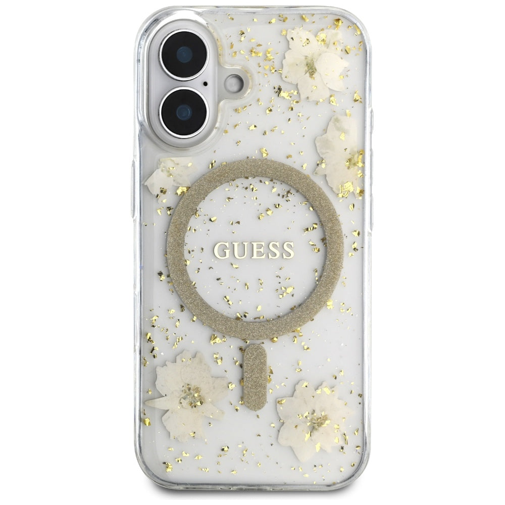 MagSafe-deksel for Apple iPhone 16, Guess, Resin Flowers and Glitter, Beige