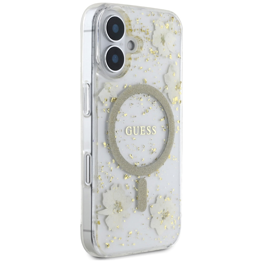 MagSafe-deksel for Apple iPhone 16, Guess, Resin Flowers and Glitter, Beige