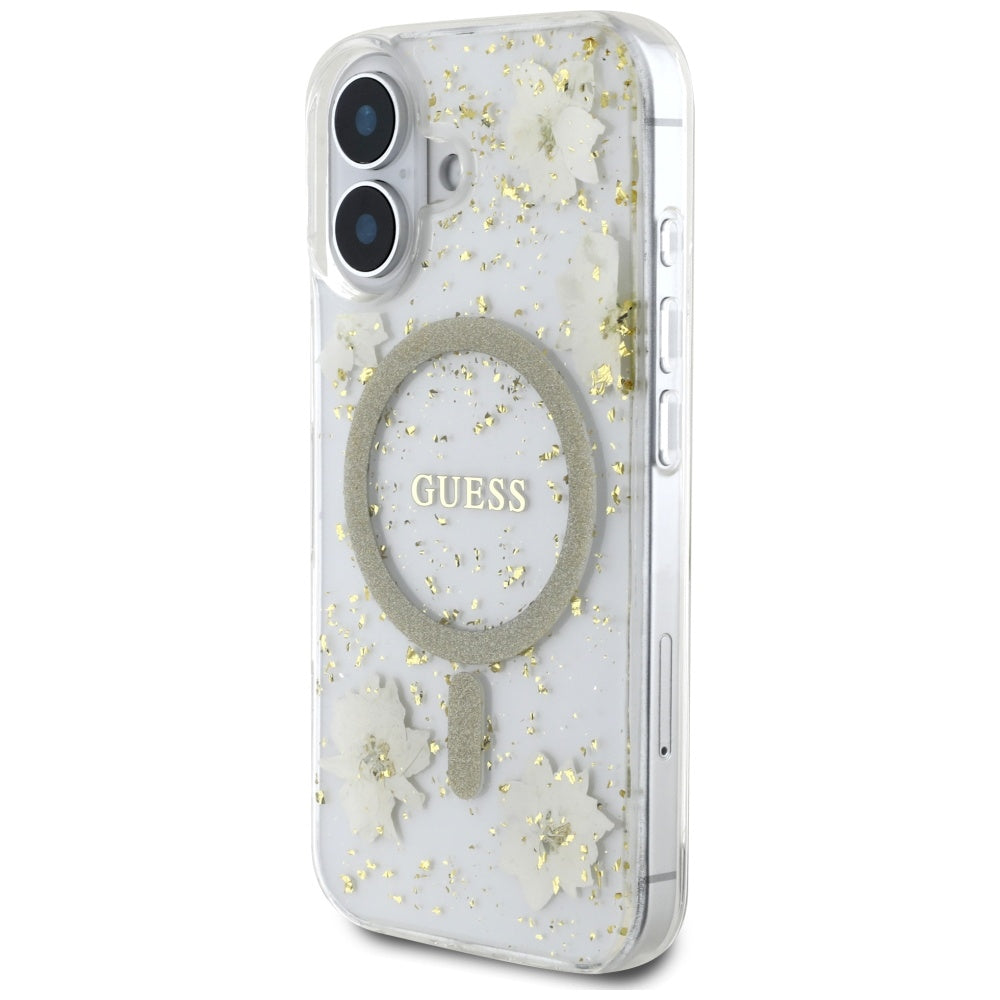MagSafe-deksel for Apple iPhone 16, Guess, Resin Flowers and Glitter, Beige