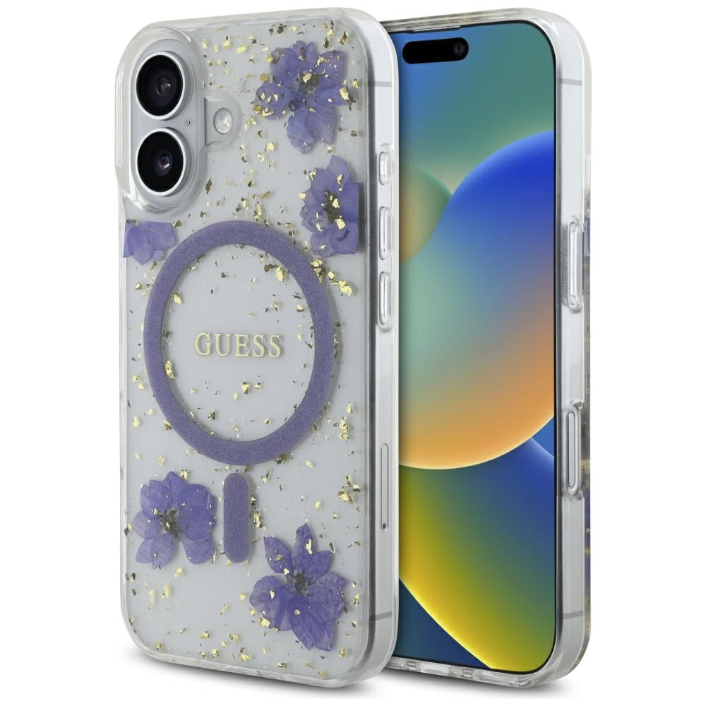 MagSafe deksel for Apple iPhone 16, Guess, Resin Flowers and Glitter, Lilla