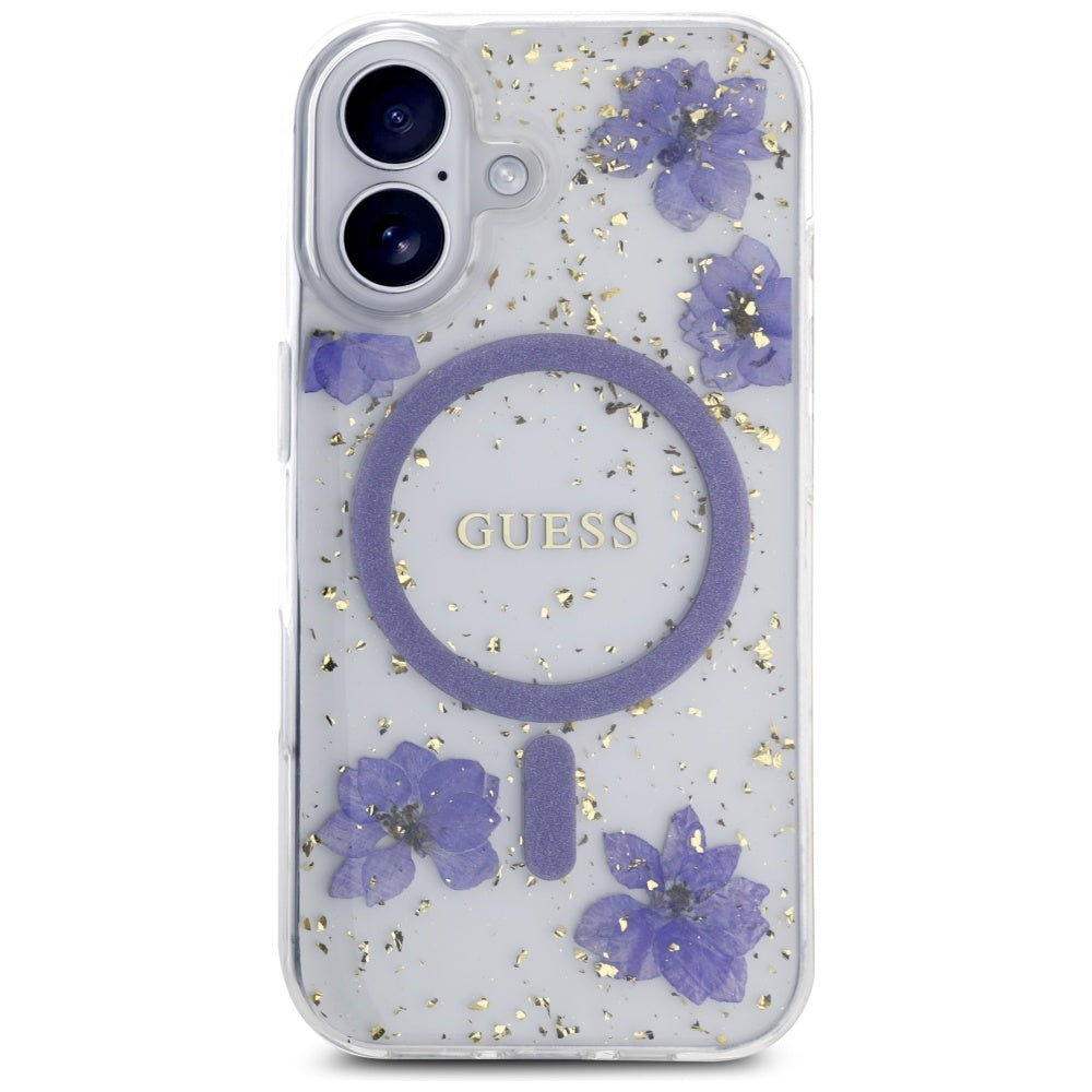 MagSafe deksel for Apple iPhone 16, Guess, Resin Flowers and Glitter, Lilla