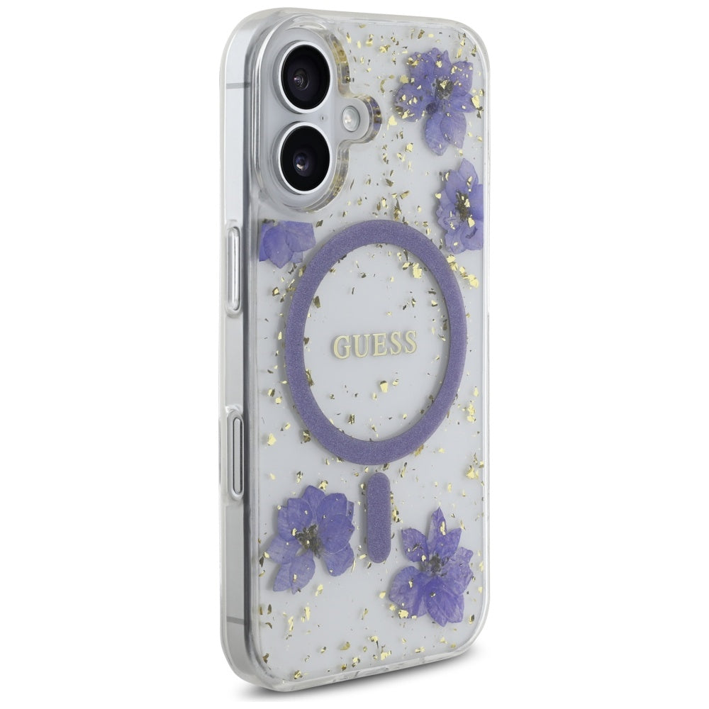 MagSafe deksel for Apple iPhone 16, Guess, Resin Flowers and Glitter, Lilla
