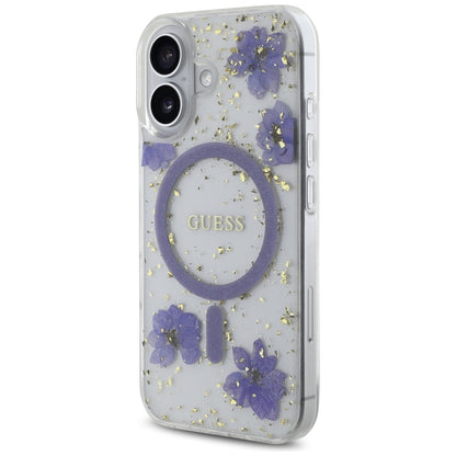 MagSafe deksel for Apple iPhone 16, Guess, Resin Flowers and Glitter, Lilla