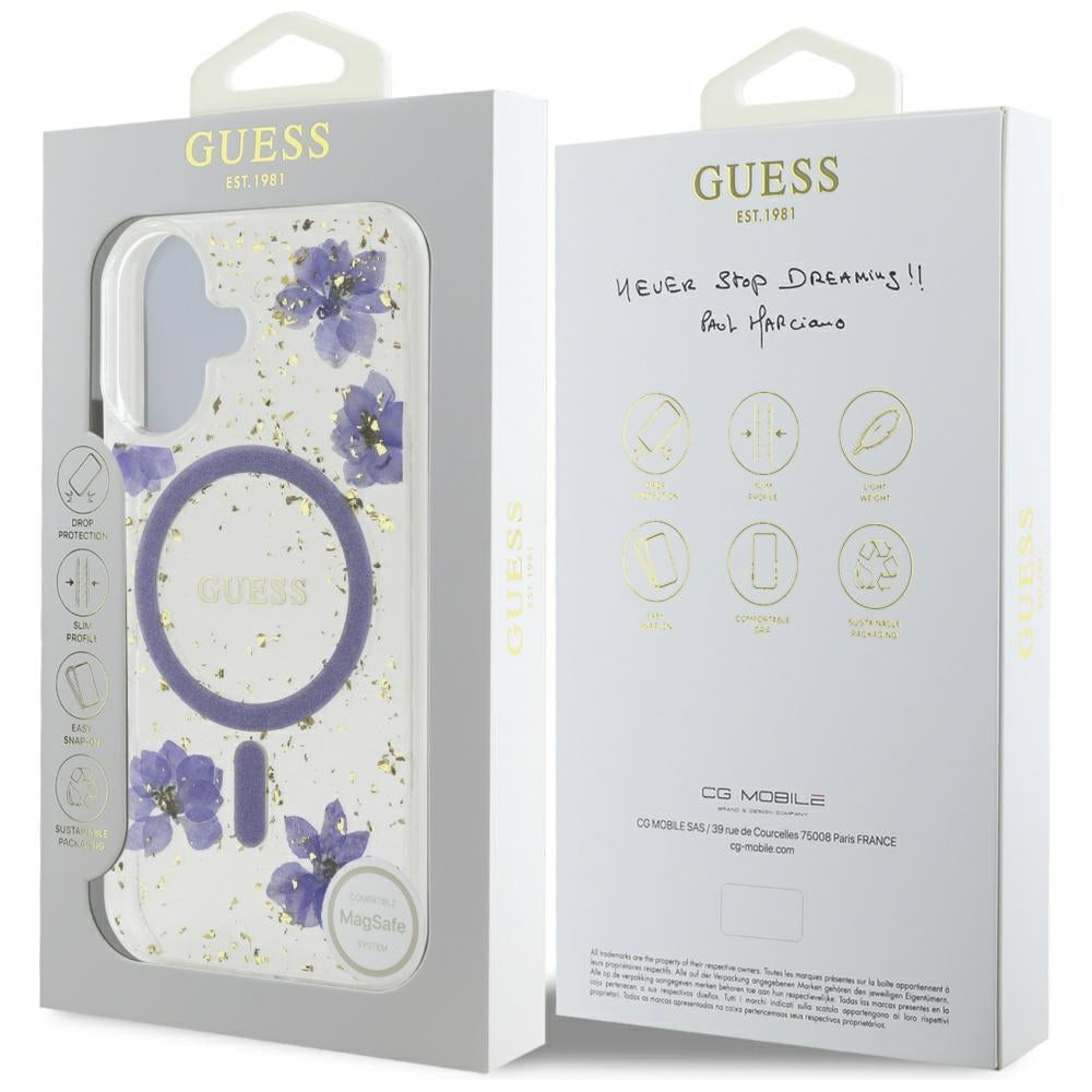 MagSafe deksel for Apple iPhone 16, Guess, Resin Flowers and Glitter, Lilla