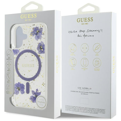 MagSafe deksel for Apple iPhone 16, Guess, Resin Flowers and Glitter, Lilla