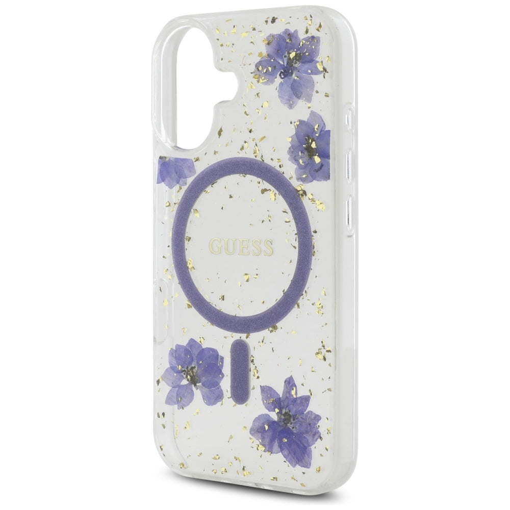MagSafe deksel for Apple iPhone 16, Guess, Resin Flowers and Glitter, Lilla