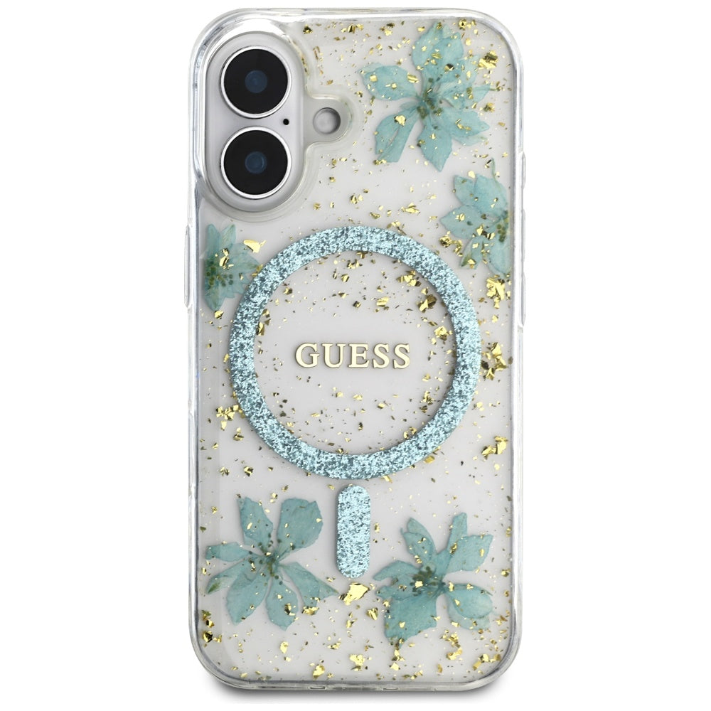 MagSafe-deksel for Apple iPhone 16, Guess, Resin Flowers and Glitter, Turkis