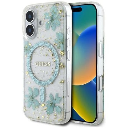 MagSafe-deksel for Apple iPhone 16, Guess, Resin Flowers and Glitter, Turkis