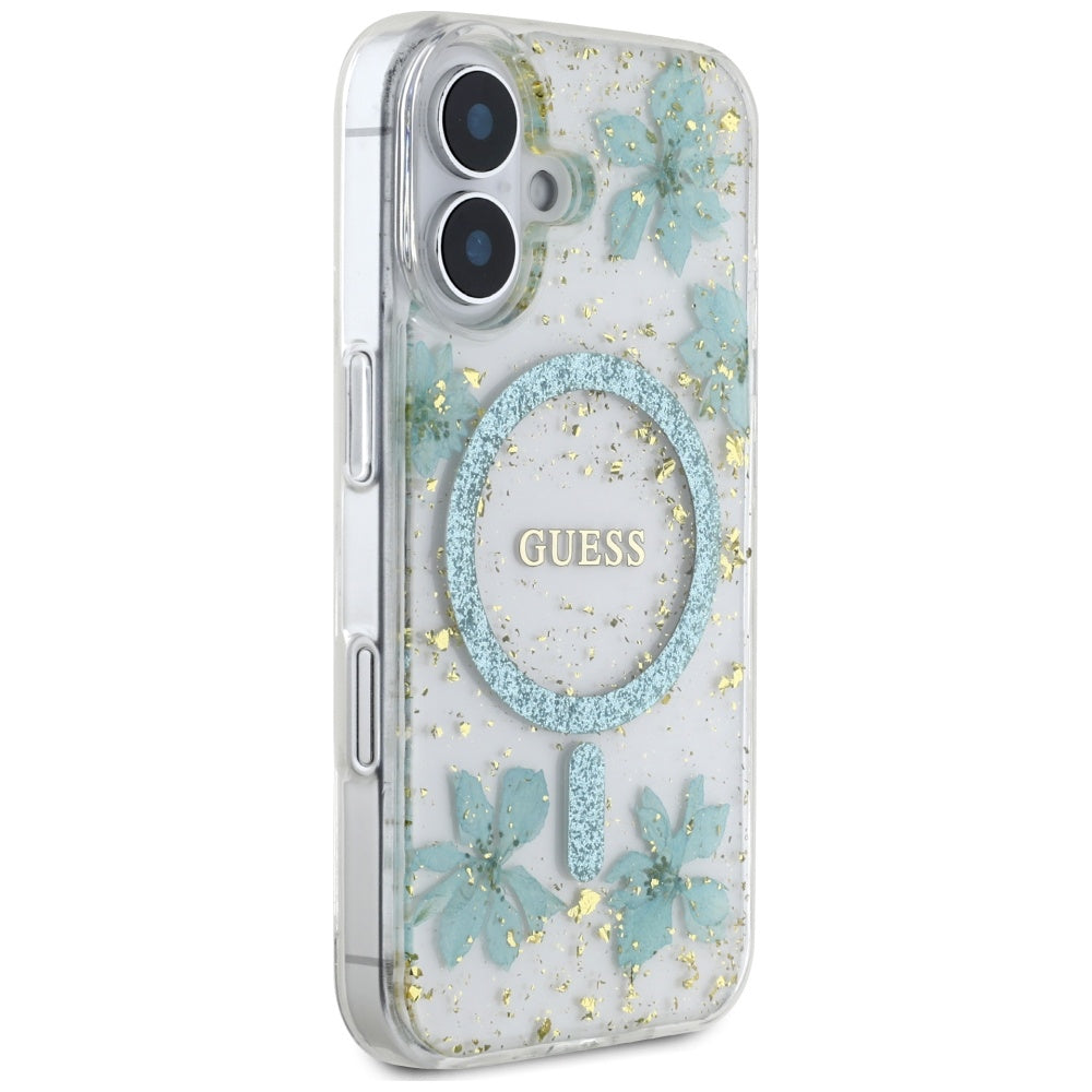 MagSafe-deksel for Apple iPhone 16, Guess, Resin Flowers and Glitter, Turkis