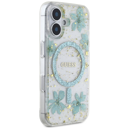 MagSafe-deksel for Apple iPhone 16, Guess, Resin Flowers and Glitter, Turkis