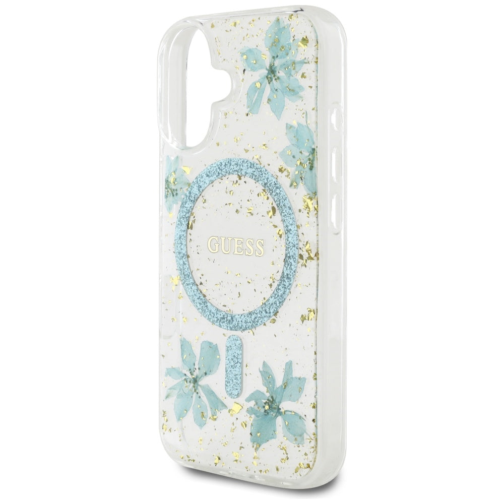 MagSafe-deksel for Apple iPhone 16, Guess, Resin Flowers and Glitter, Turkis