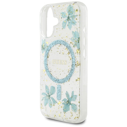 MagSafe-deksel for Apple iPhone 16, Guess, Resin Flowers and Glitter, Turkis