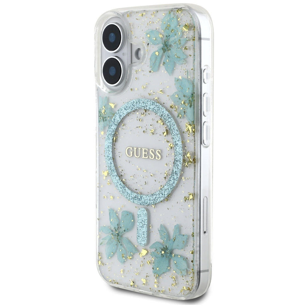 MagSafe-deksel for Apple iPhone 16, Guess, Resin Flowers and Glitter, Turkis