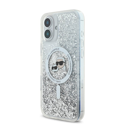 MagSafe-deksel for Apple iPhone 16, Karl Lagerfeld, Glitter Liquid Karl & Choupette's Heads, Gjennomsiktig