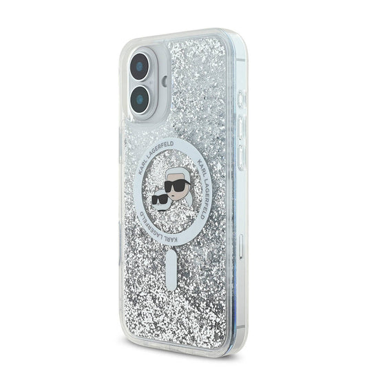 MagSafe-deksel for Apple iPhone 16, Karl Lagerfeld, Glitter Liquid Karl & Choupette's Heads, Gjennomsiktig