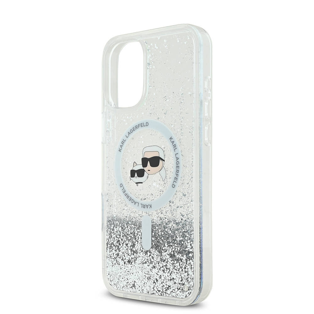 MagSafe-deksel for Apple iPhone 16, Karl Lagerfeld, Glitter Liquid Karl & Choupette's Heads, Gjennomsiktig