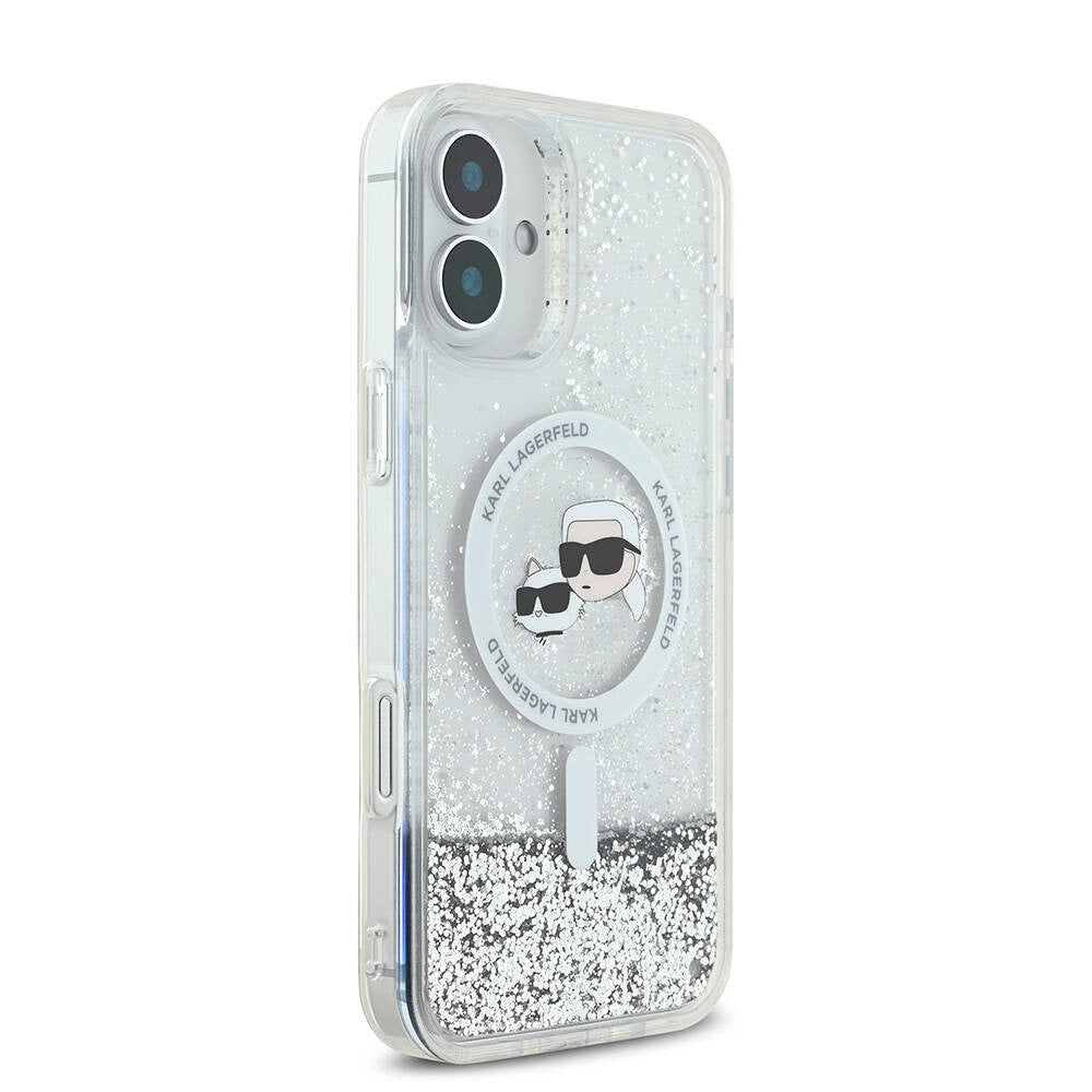 MagSafe-deksel for Apple iPhone 16, Karl Lagerfeld, Glitter Liquid Karl & Choupette's Heads, Gjennomsiktig