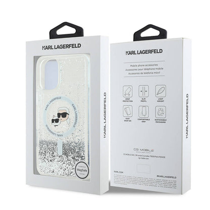 MagSafe-deksel for Apple iPhone 16, Karl Lagerfeld, Glitter Liquid Karl & Choupette's Heads, Gjennomsiktig