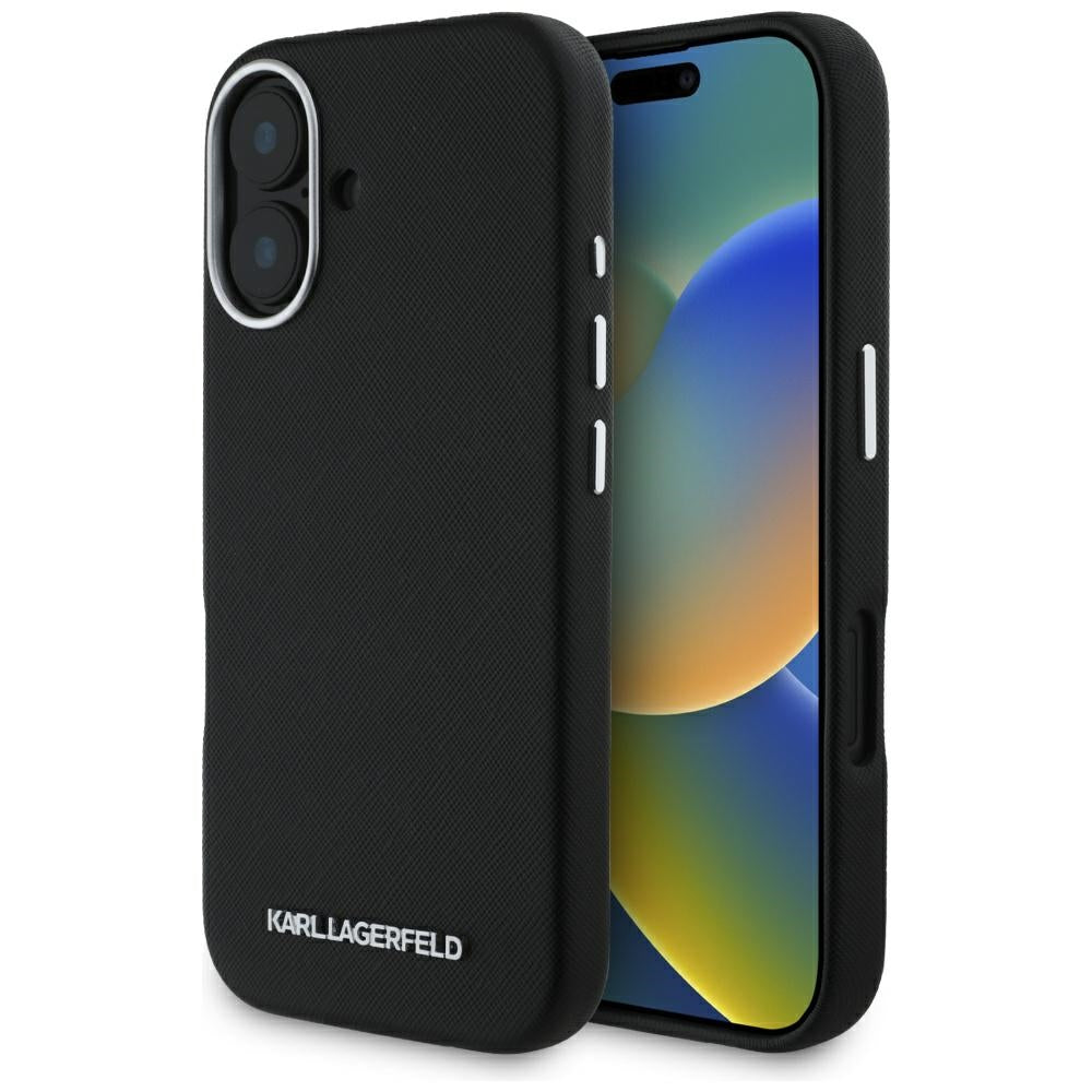 MagSafe-deksel for Apple iPhone 16, Karl Lagerfeld, Saffiano Full Wrapped Elongated Metal Logo, Svart