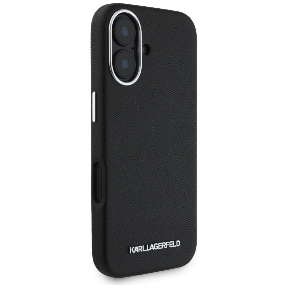 MagSafe-deksel for Apple iPhone 16, Karl Lagerfeld, Saffiano Full Wrapped Elongated Metal Logo, Svart