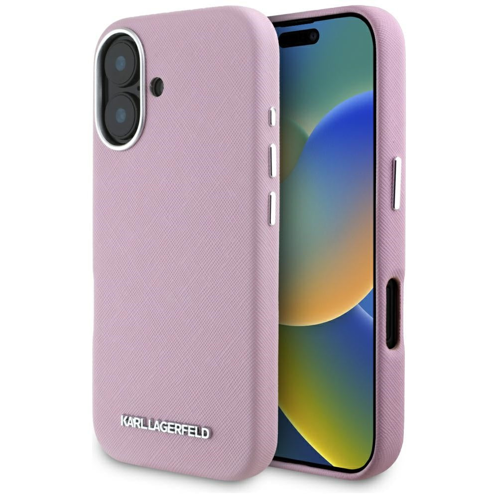 MagSafe-deksel for Apple iPhone 16, Karl Lagerfeld, Saffiano Full Wrapped Elongated Metal Logo, Rosa