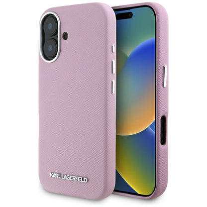 MagSafe-deksel for Apple iPhone 16, Karl Lagerfeld, Saffiano Full Wrapped Elongated Metal Logo, Rosa