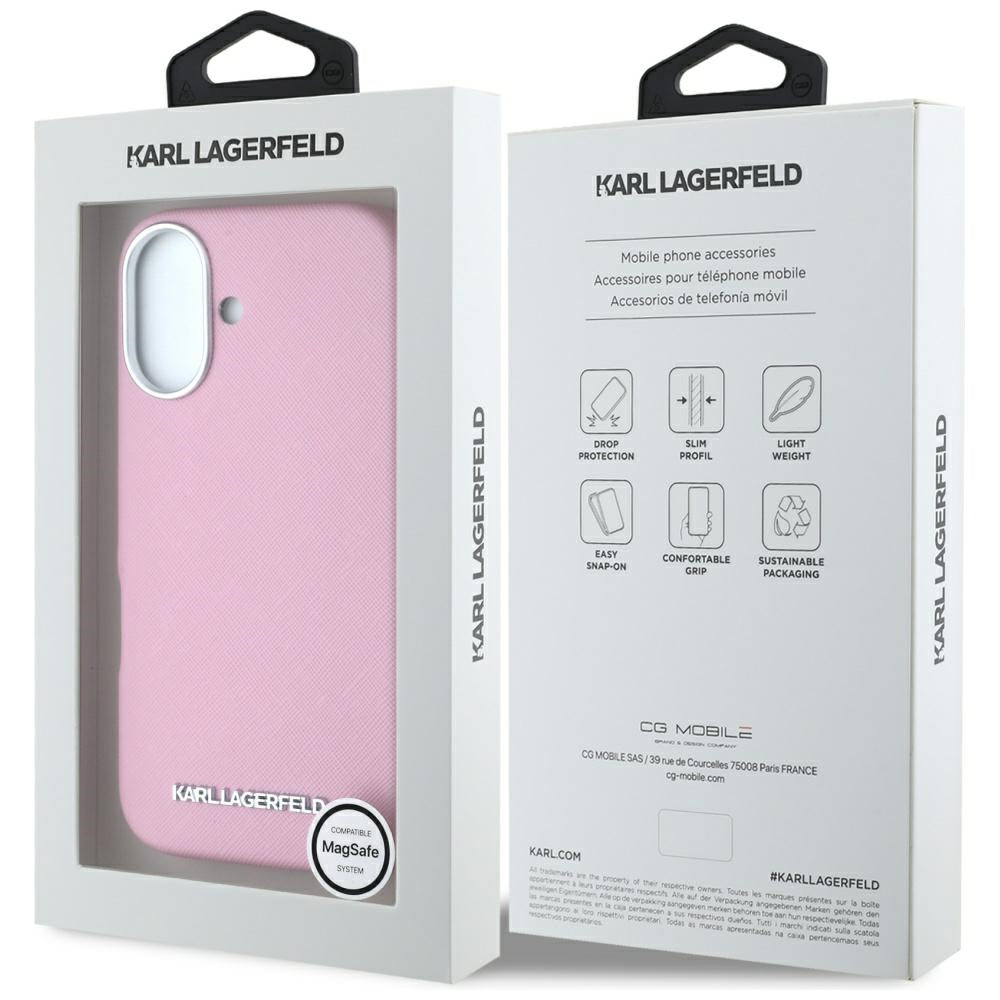 MagSafe-deksel for Apple iPhone 16, Karl Lagerfeld, Saffiano Full Wrapped Elongated Metal Logo, Rosa