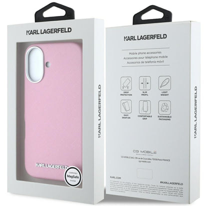 MagSafe-deksel for Apple iPhone 16, Karl Lagerfeld, Saffiano Full Wrapped Elongated Metal Logo, Rosa