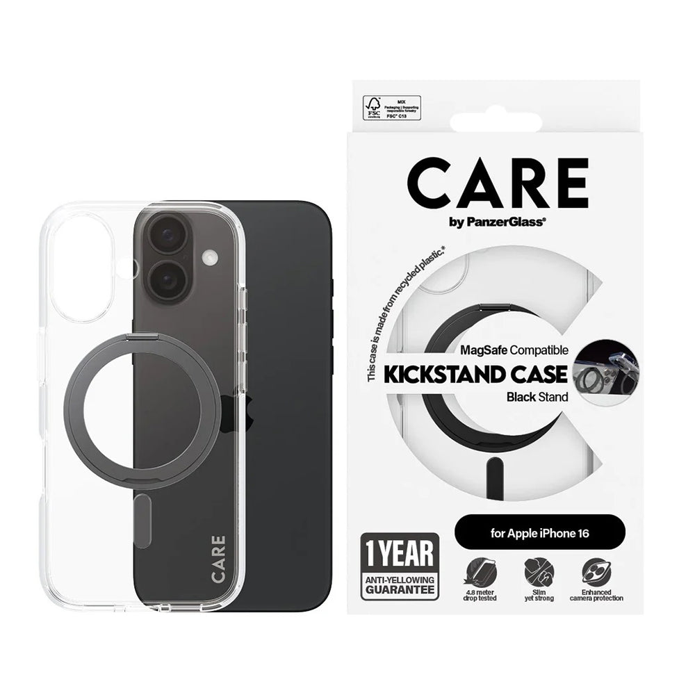 MagSafe-deksel for Apple iPhone 16, PanzerGlass, Care Feature Kickstand, Gjennomsiktig Svart