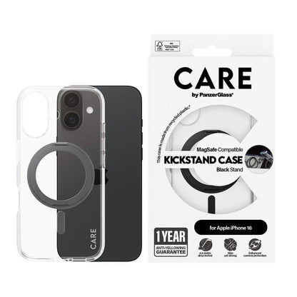 MagSafe-deksel for Apple iPhone 16, PanzerGlass, Care Feature Kickstand, Gjennomsiktig Svart