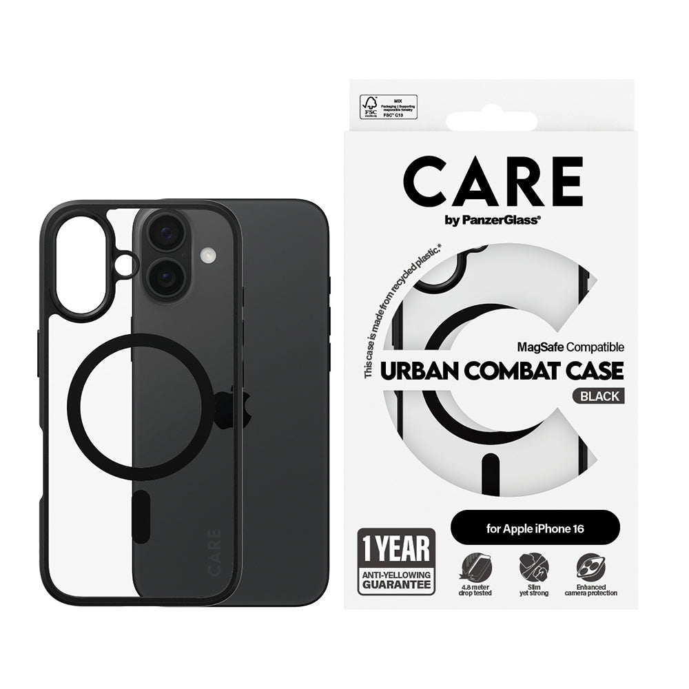 MagSafe-deksel for Apple iPhone 16, PanzerGlass, Care Urban Combat, Svart Gjennomsiktig