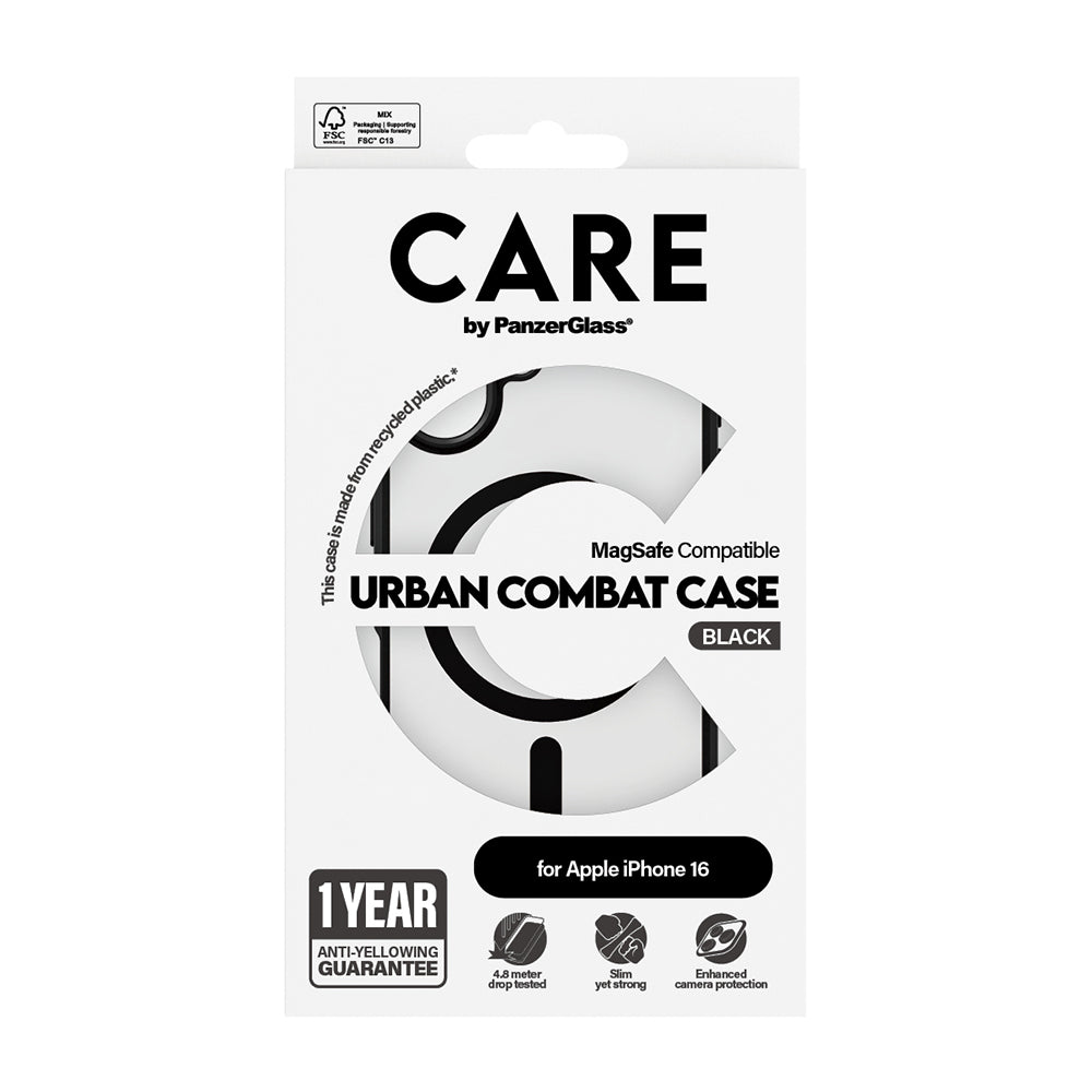 MagSafe-deksel for Apple iPhone 16, PanzerGlass, Care Urban Combat, Svart Gjennomsiktig