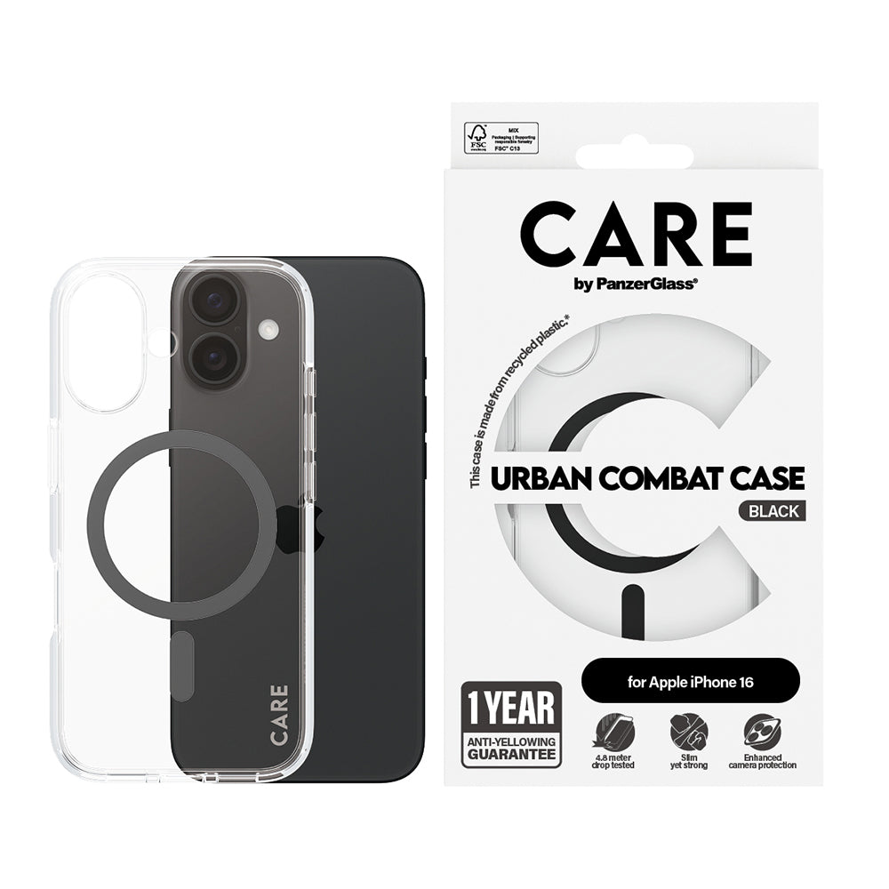MagSafe-deksel for Apple iPhone 16, PanzerGlass, Care Urban Combat, Svart Transparent