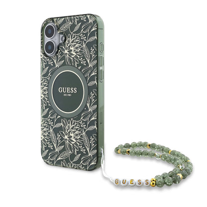 MagSafe-deksel for Apple iPhone 16 Plus, Guess, IML Flowers Allover Electroplated with Pearl Strap, Grønn